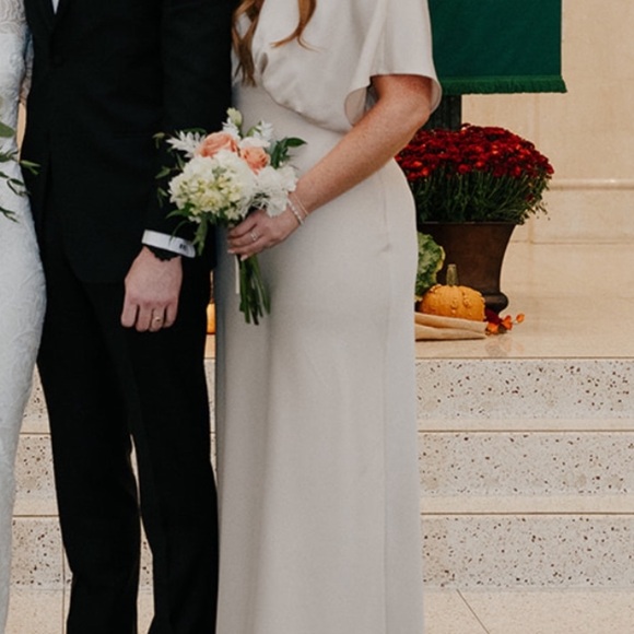 BHLDN LEILA DEEP-V FLUTTER-SLEEVE SATIN A-LINE GOWN - Picture 5 of 6